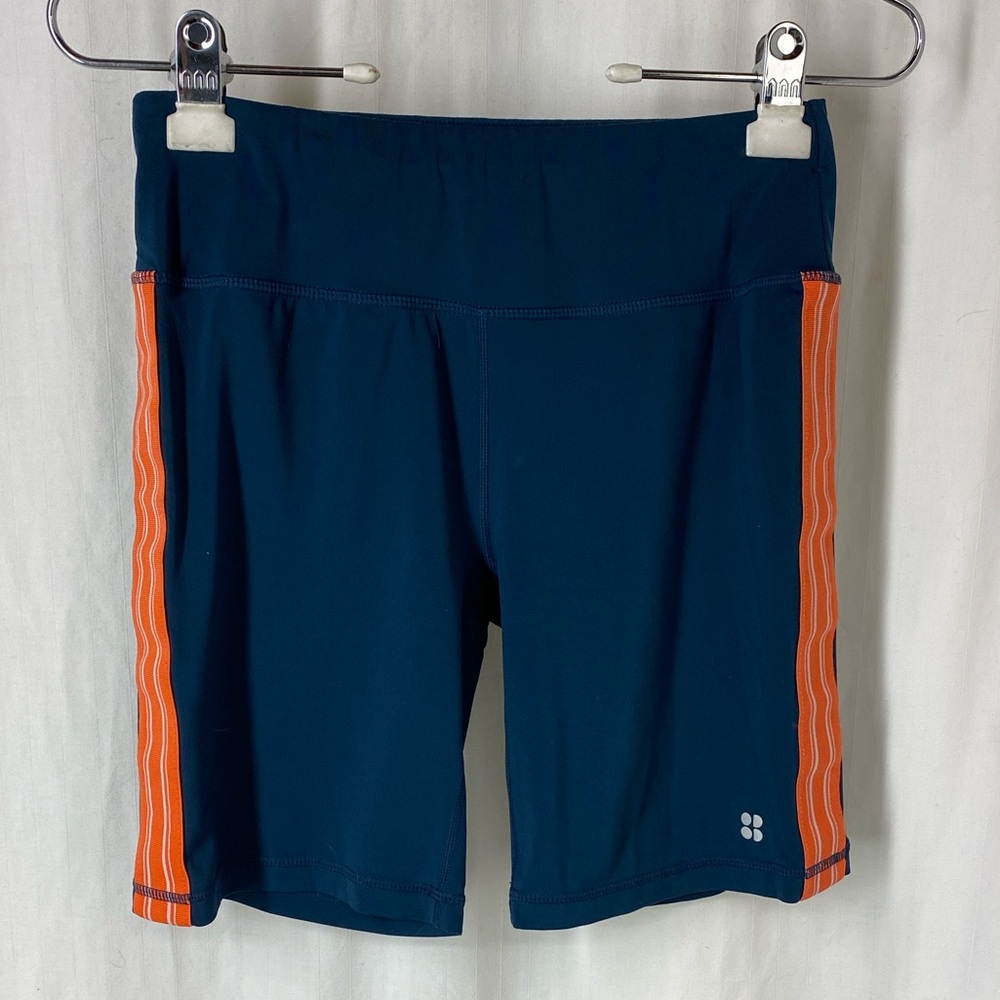 Sweaty Betty S Teal Orange Contrast Side Stripe Biker Workout Shorts
